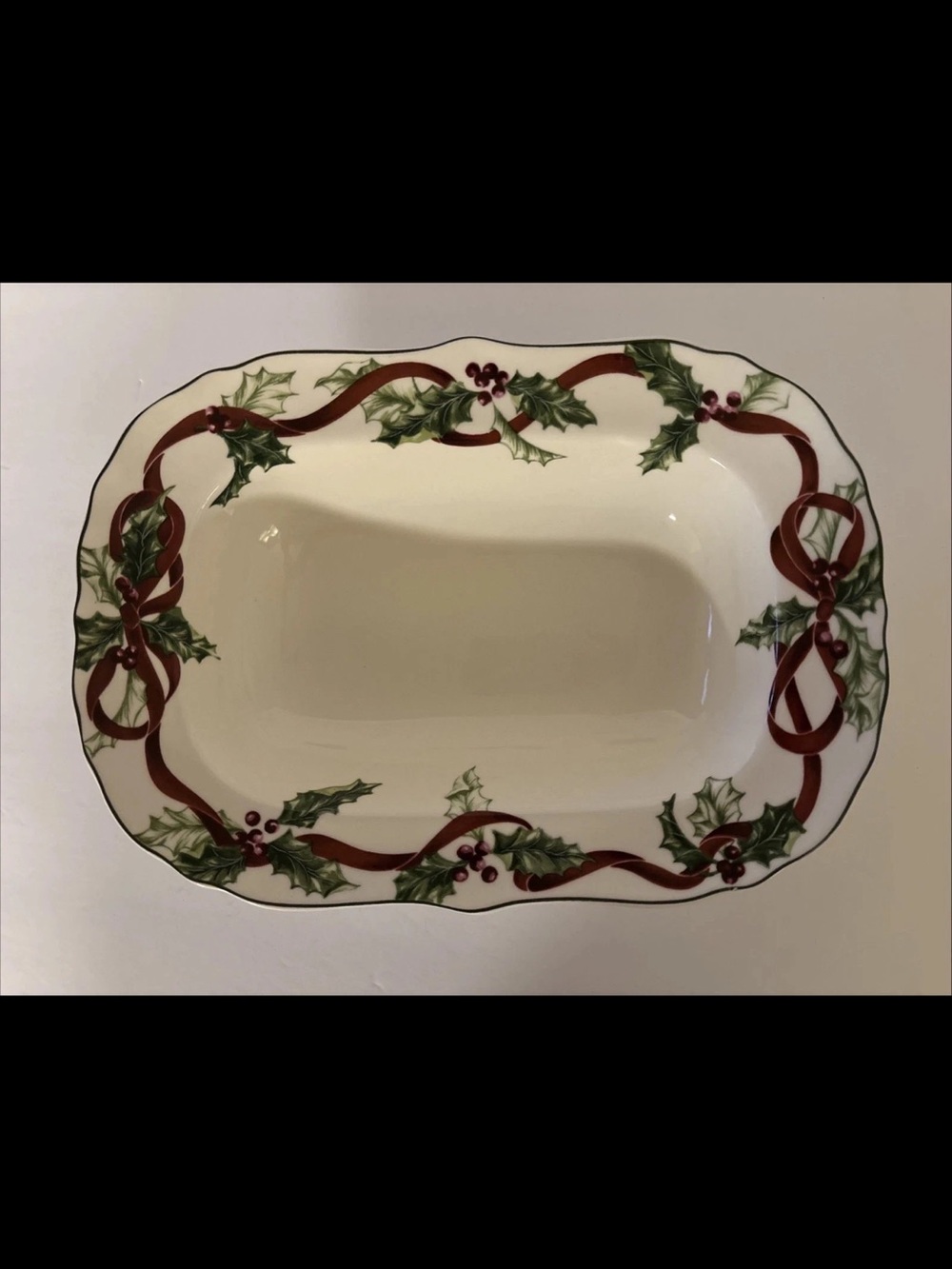 Charter Club Holiday Holly Ribbon Rectangular Serving Bowl in‎ Cream, Green, Red